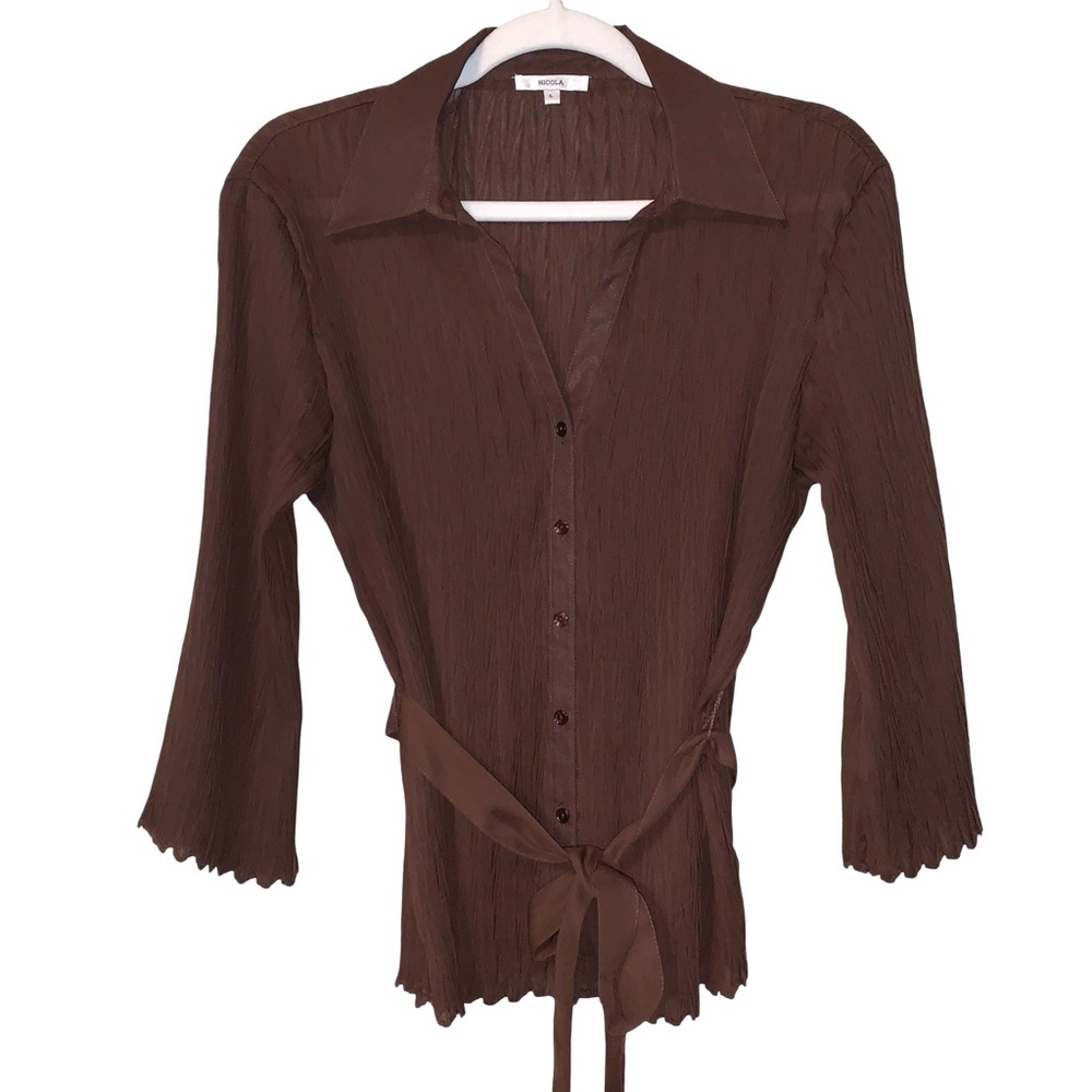Nicola Pleated Button Down V Neck Sheer Blouse Large Belt 70s 3/4 Sleeve